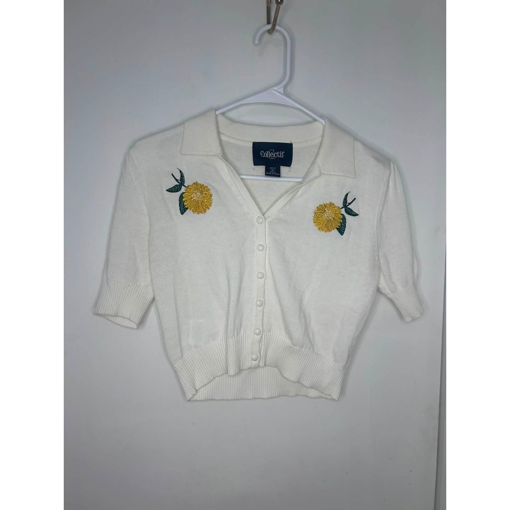 Collectif Cardigan Womens Size 4 White Embroidered Floral Short Sleeve Cropped